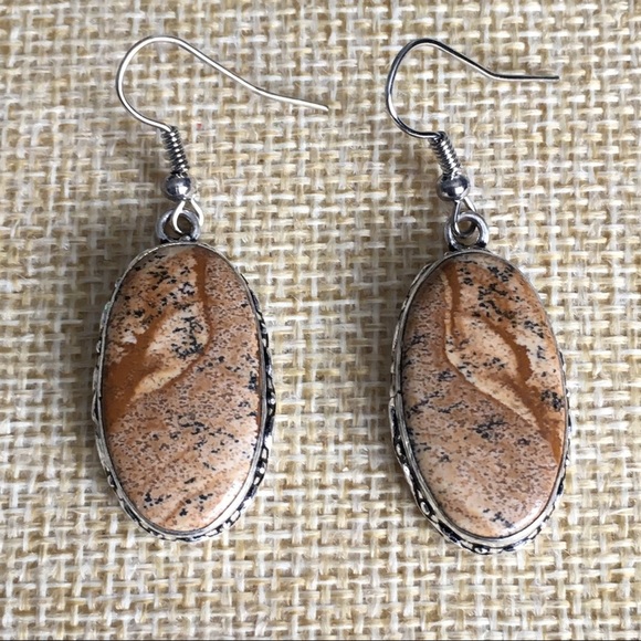 New Honey Dendrite Opal Stone Hook Silver Overlay Earrings - Picture 3 of 6